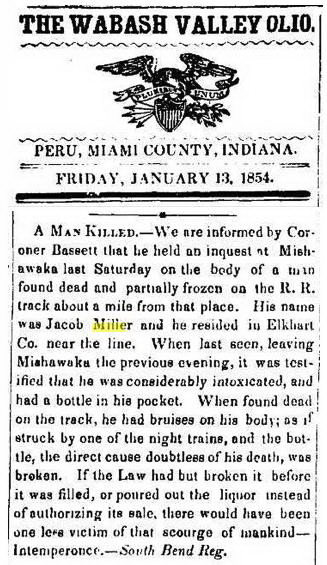 Miller, Jacob d. 1854 newspaper snapshot