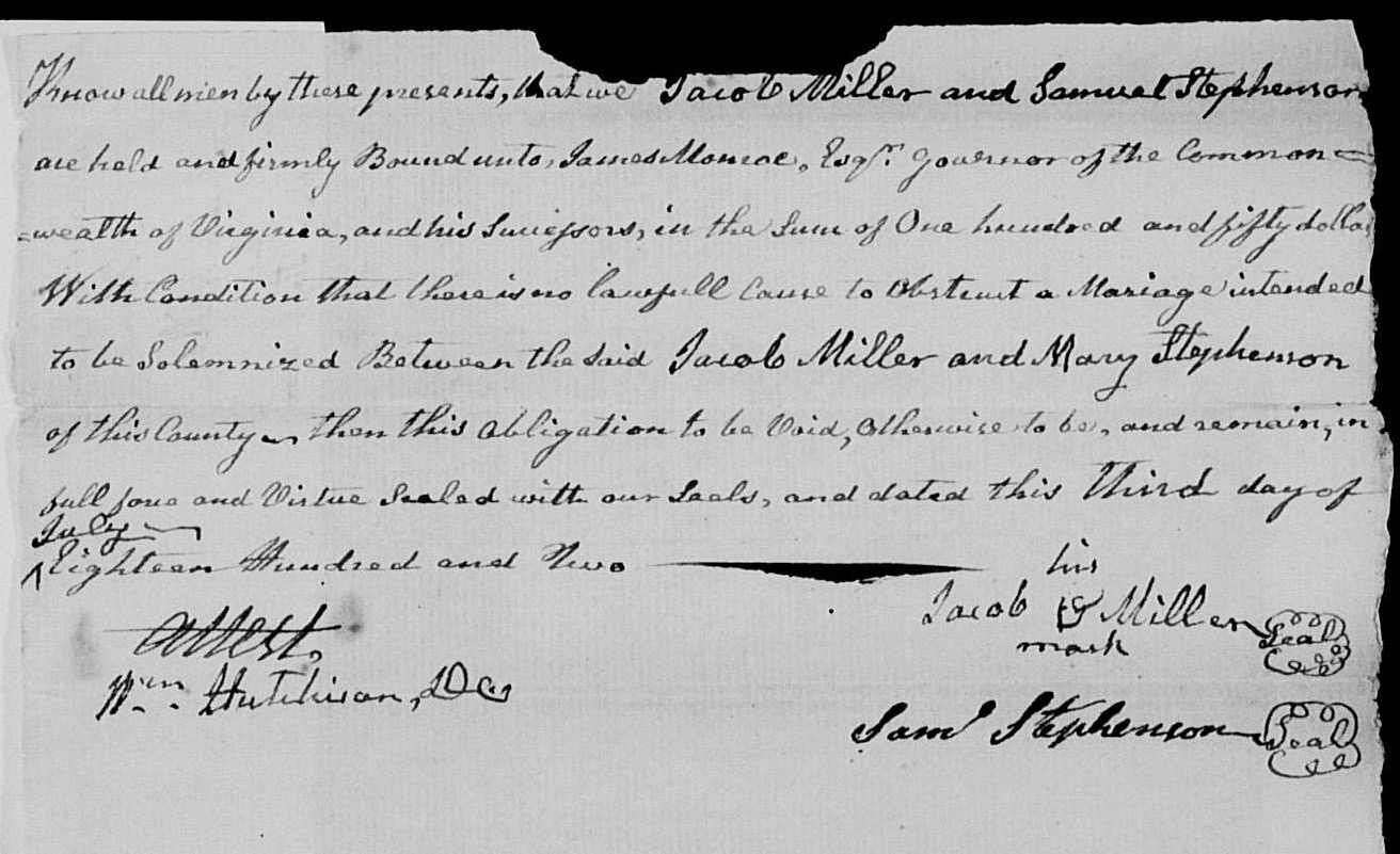 Miller, Jacob Sr marriage 1802